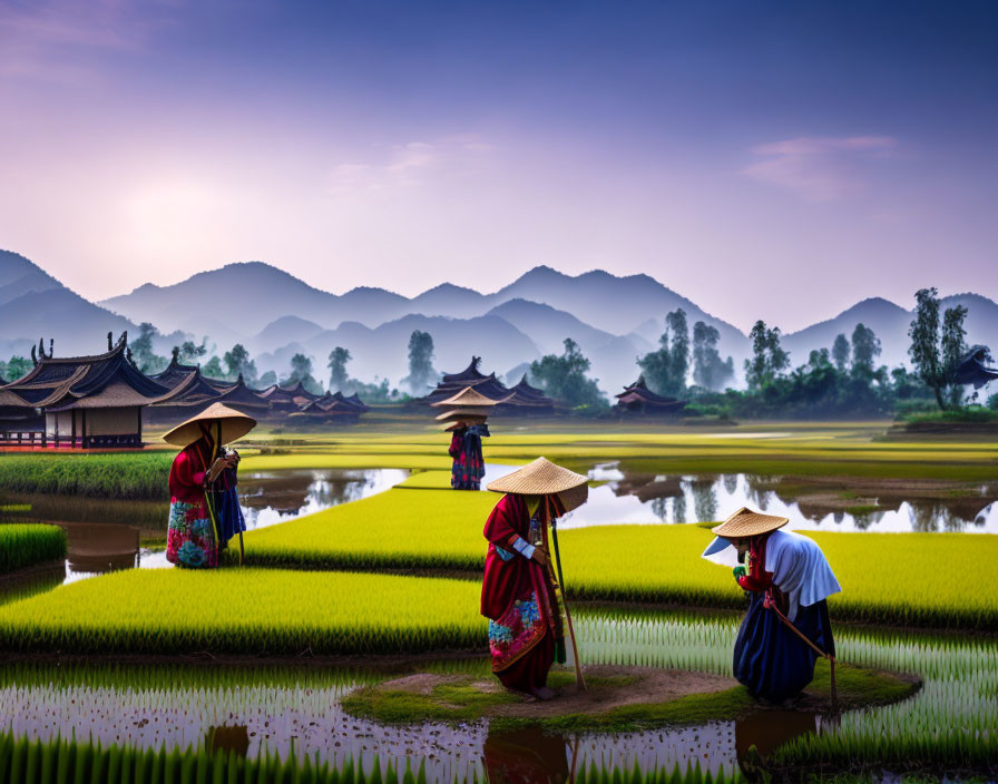 Three people in conical hats work in green rice paddies with misty mountains and Asian buildings at