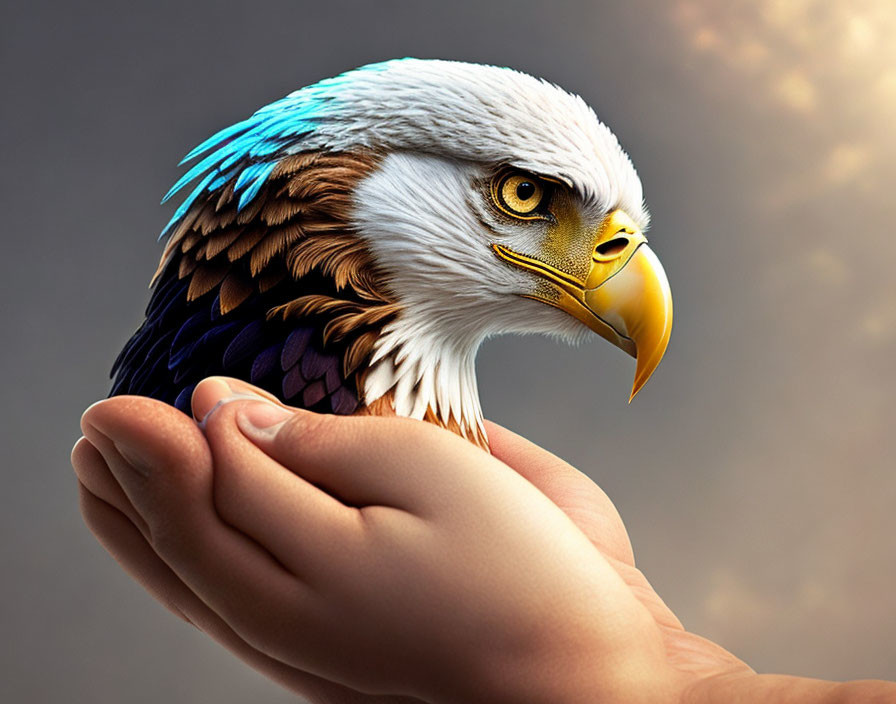 Majestic bald eagle held by human hand on warm background