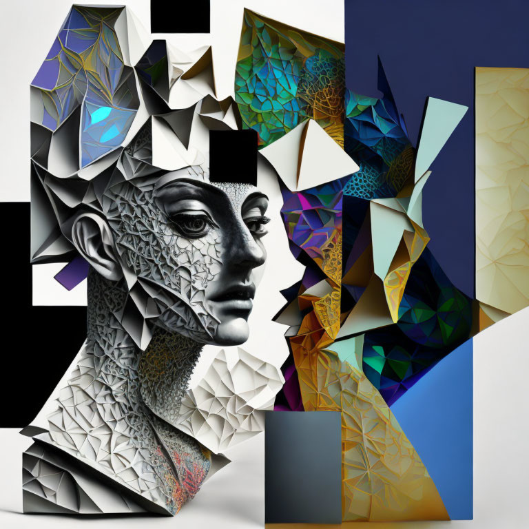 Geometric human face art with abstract patterns in grayscale and vibrant colors