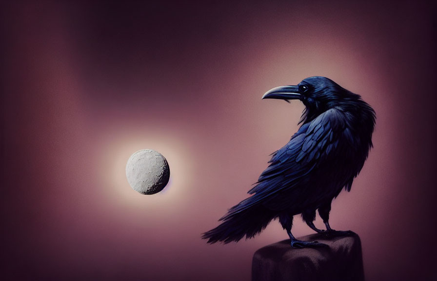 Black Raven Perched on Stone Under Full Moon