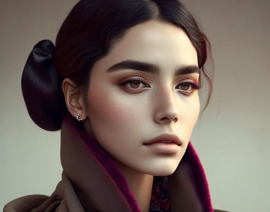 Detailed Digital Artwork: Woman with Bun, Freckles, Scarf