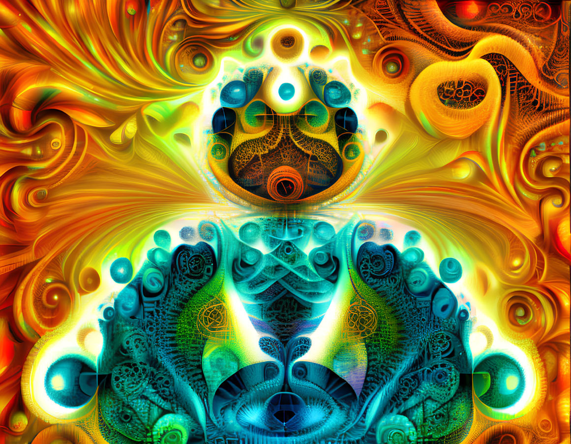 Colorful Abstract Fractal Art with Symmetrical Patterns in Orange, Blue, and Green