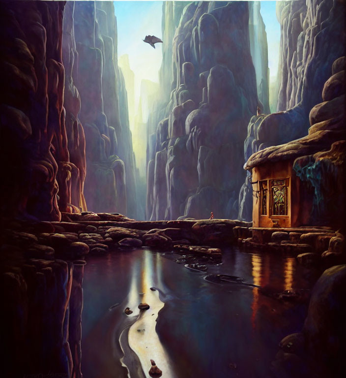 Mystical landscape with towering cliffs, serene river, small cottage, and flying bird.