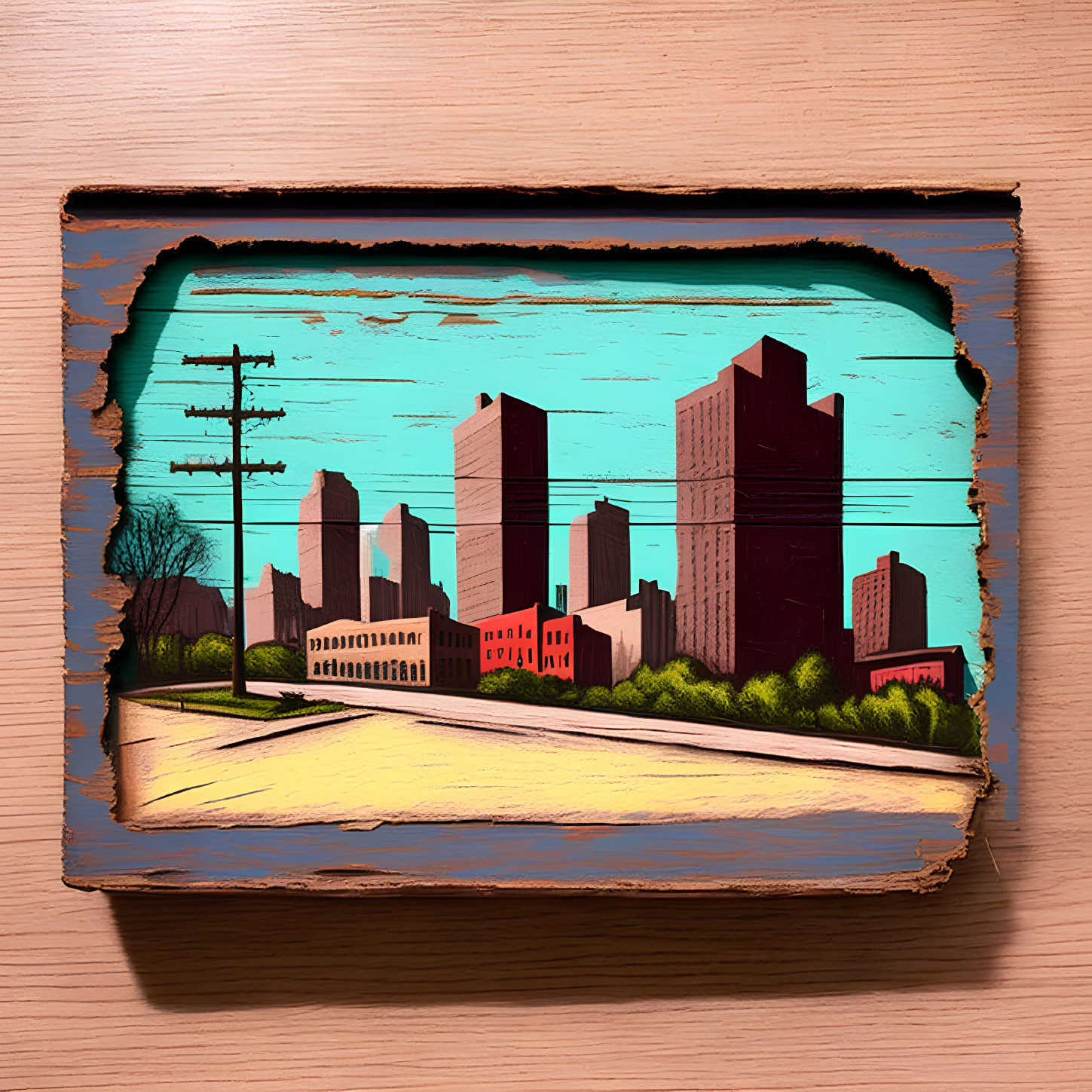 Cityscape painting featuring urban skyscrapers and road on tattered canvas, wooden table background