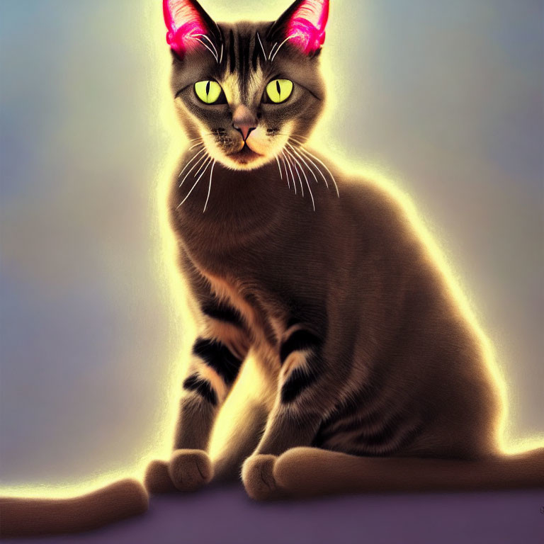 Mystical cat digital illustration with glowing yellow eyes and pink ears