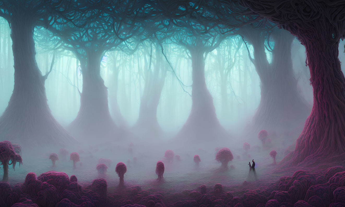 Enchanting purple forest with large trees and round bush-like plants