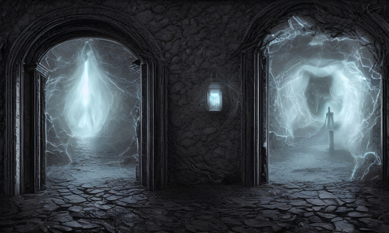 Eerie corridor with ghostly figures and glowing lanterns