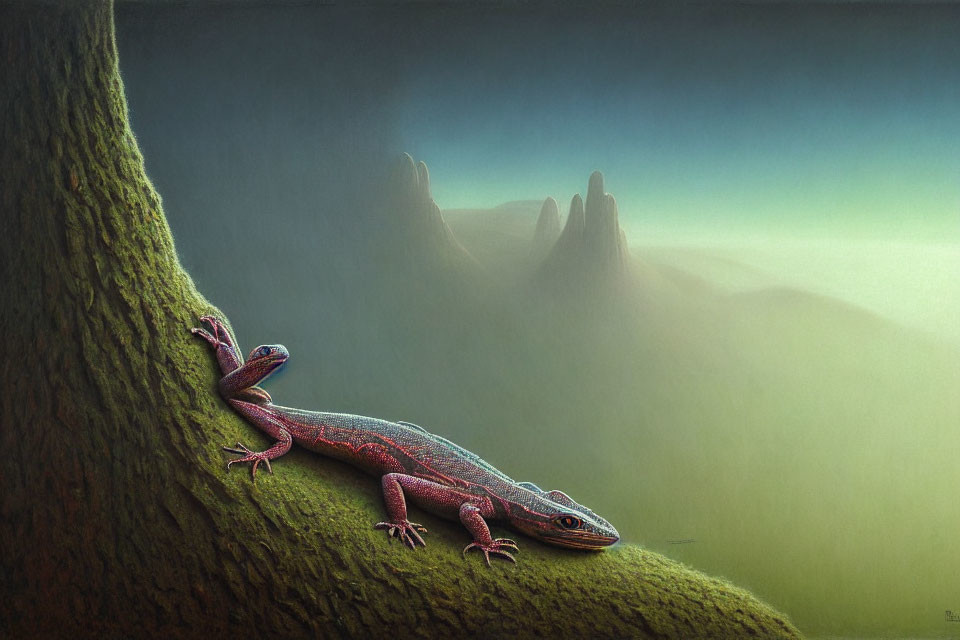 Pink lizard on mossy tree trunk in misty mountain landscape