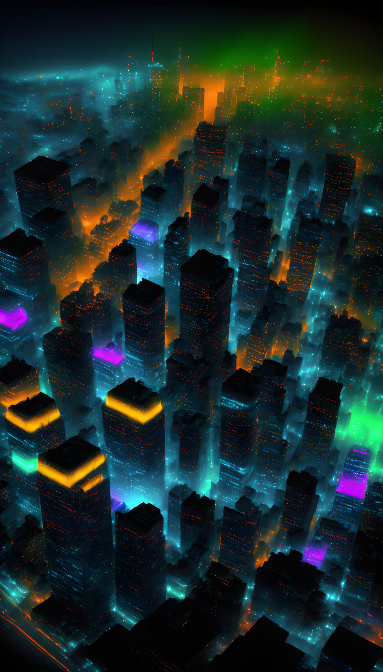 Luminous neon-lit night cityscape with futuristic cyberpunk skyscrapers