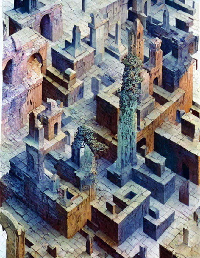 Digital artwork of intricate Escheresque labyrinth with staircases, archways, and vegetation