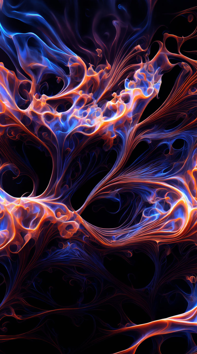 Vivid digital artwork: swirling neon blue and orange patterns on dark background