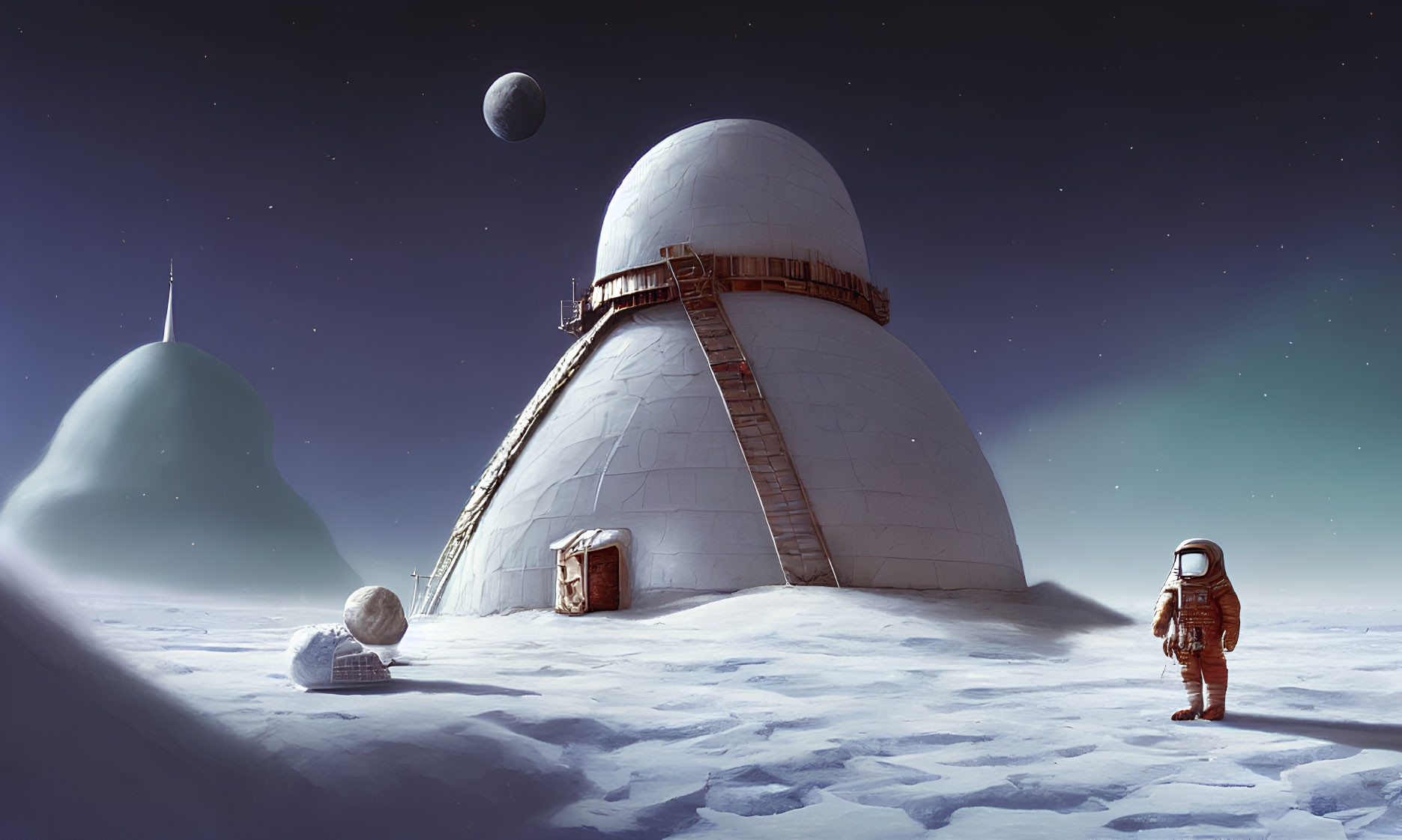 Astronaut in Snowy Terrain with Dome Structure and Planets in Twilight Sky