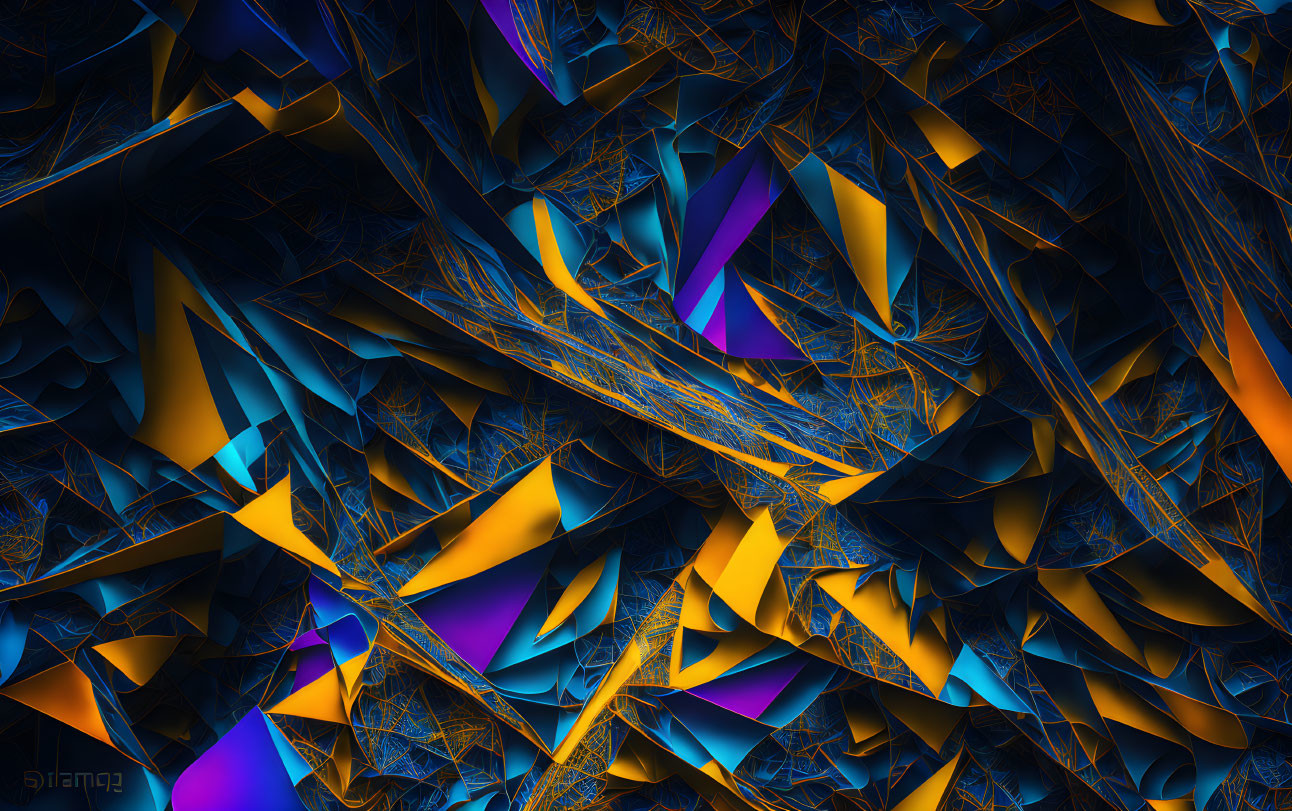 Vibrant abstract digital artwork with sharp geometric shapes in blue, orange, and purple.