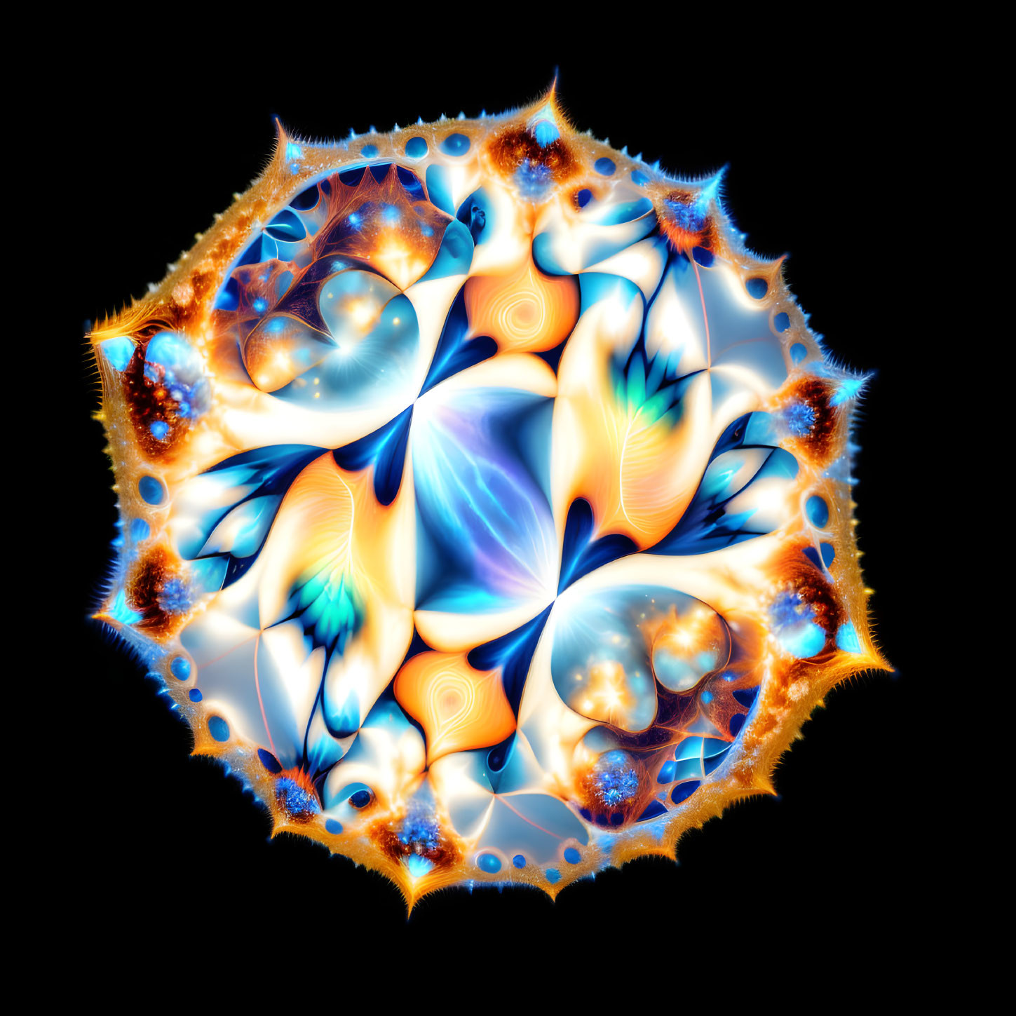 Colorful Blue, Orange, and White Fractal Sphere on Black Background