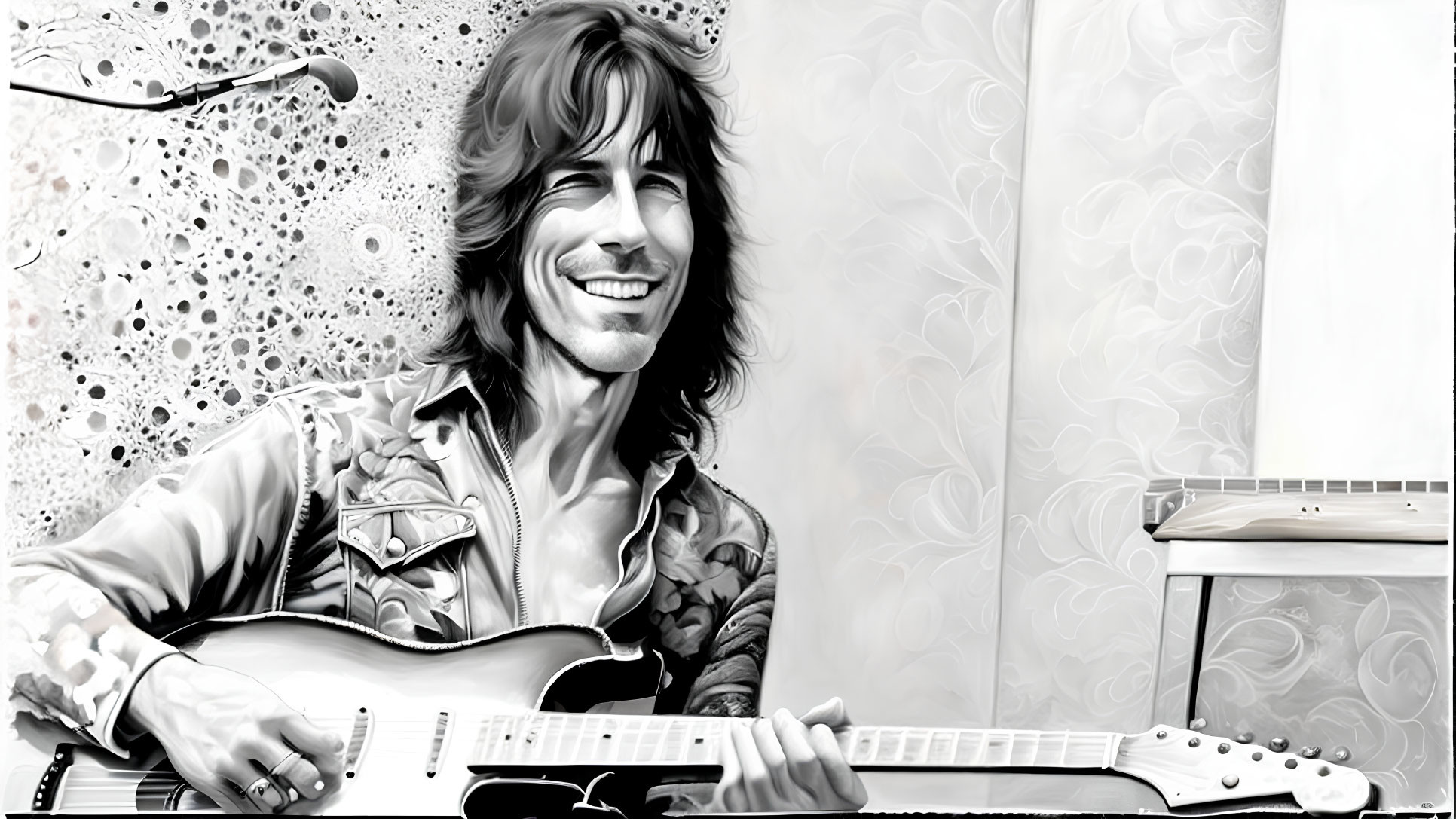 Monochrome Smiling Man Playing Electric Guitar with Floral Background