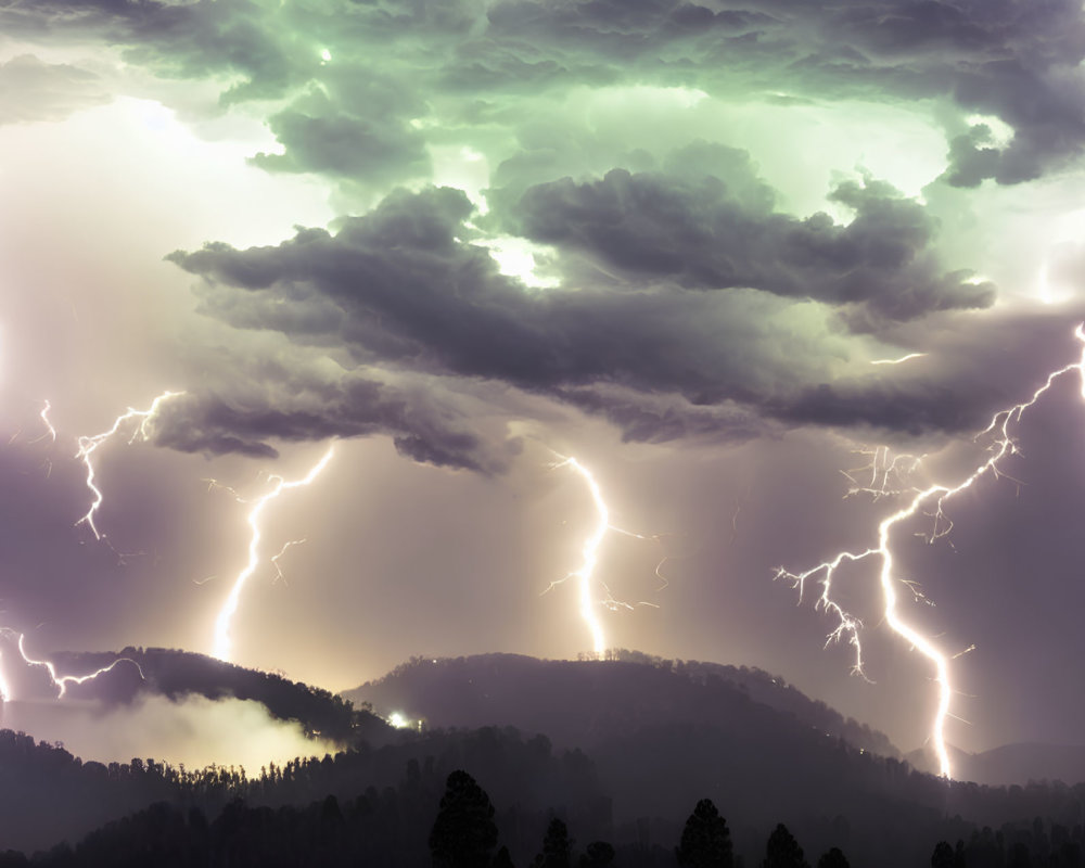 Thunderstorm with Multiple Lightning Strikes Over Forest