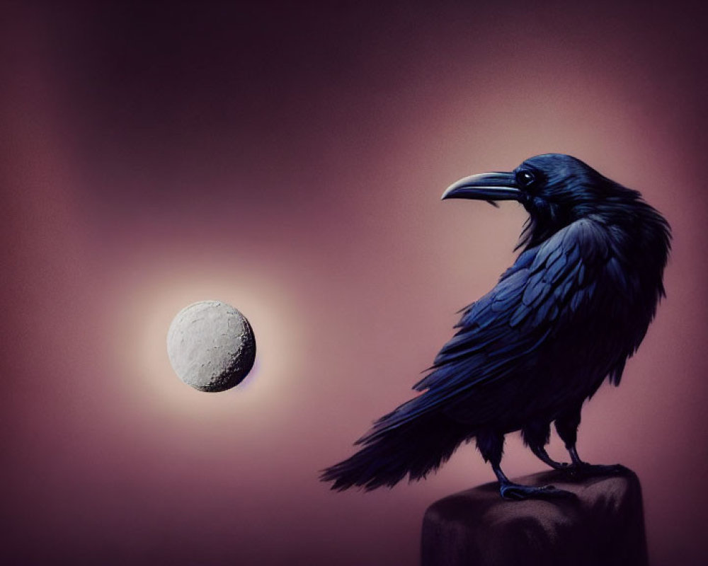 Black Raven Perched on Stone Under Full Moon