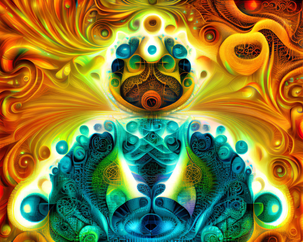 Colorful Abstract Fractal Art with Symmetrical Patterns in Orange, Blue, and Green