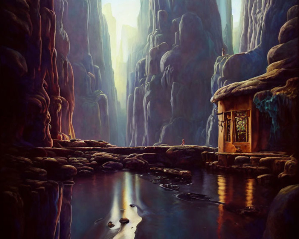 Mystical landscape with towering cliffs, serene river, small cottage, and flying bird.