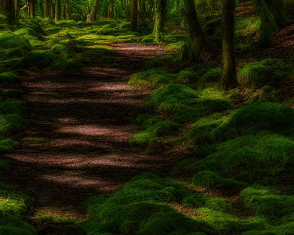 Tranquil forest path with lush green trees and vibrant moss