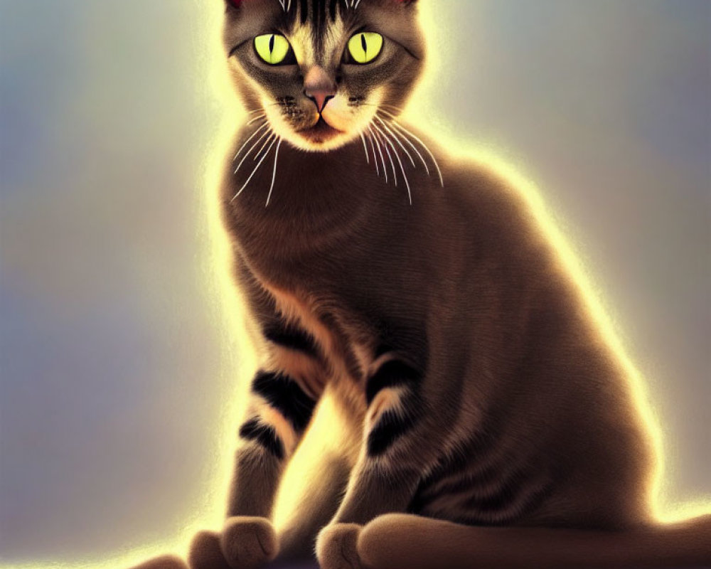 Mystical cat digital illustration with glowing yellow eyes and pink ears