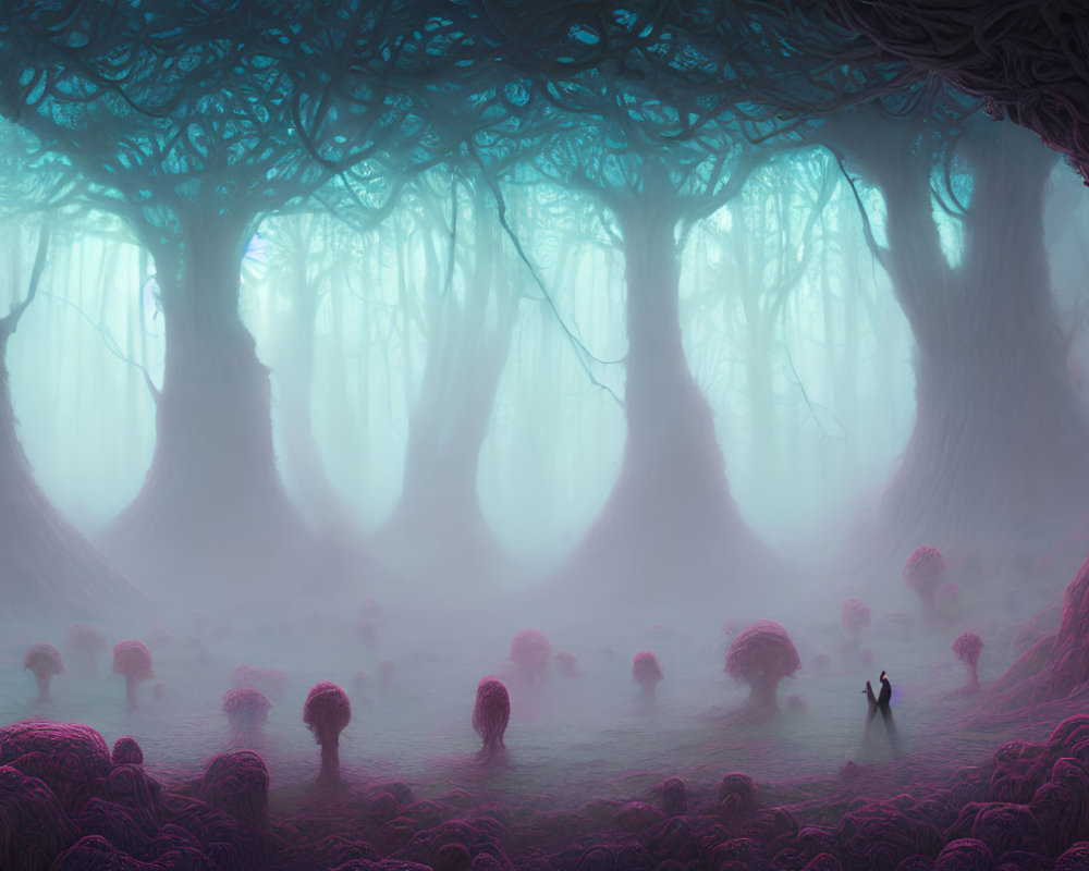 Enchanting purple forest with large trees and round bush-like plants