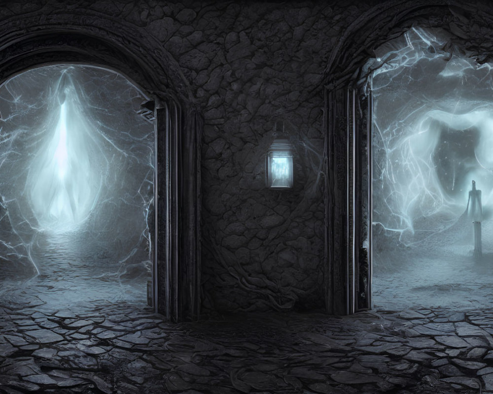 Eerie corridor with ghostly figures and glowing lanterns