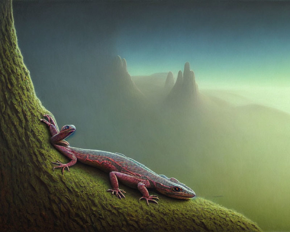 Pink lizard on mossy tree trunk in misty mountain landscape