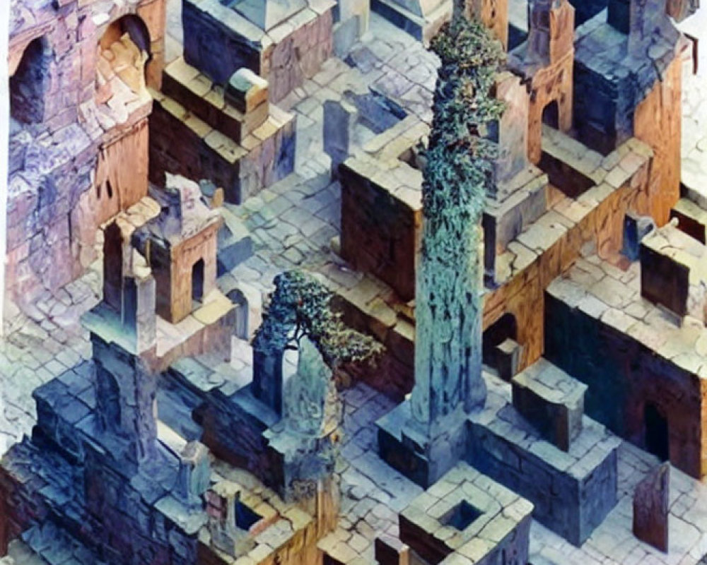 Digital artwork of intricate Escheresque labyrinth with staircases, archways, and vegetation