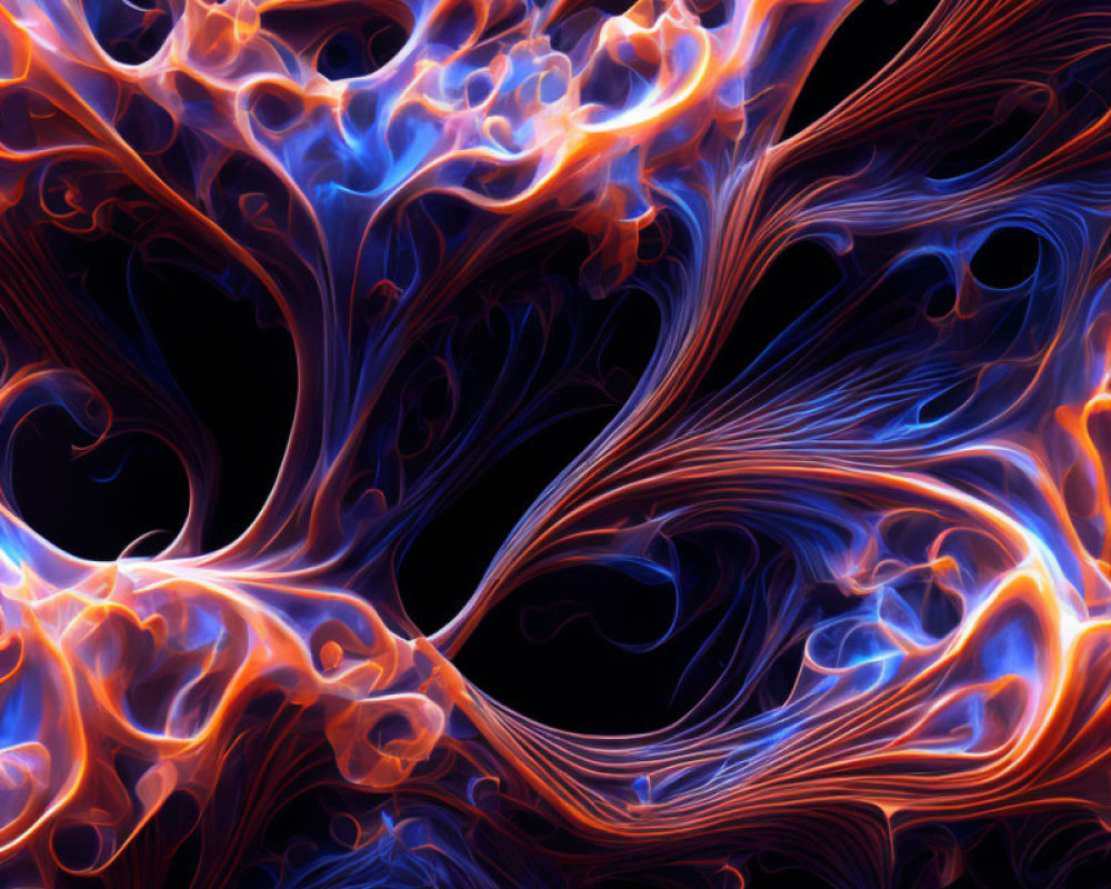 Vivid digital artwork: swirling neon blue and orange patterns on dark background