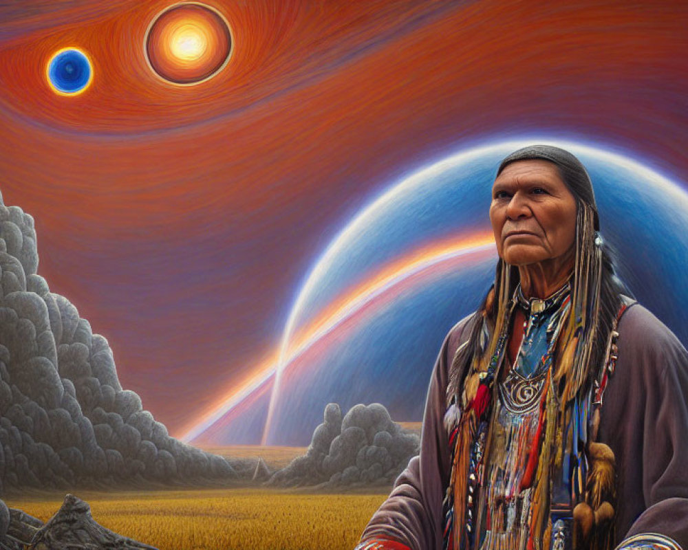 Native American man in surreal landscape with colorful sky and celestial arc