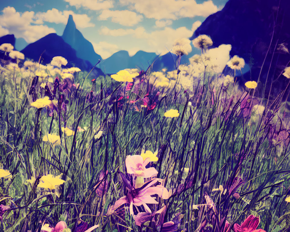 Vibrant wildflowers and majestic mountains under blue sky