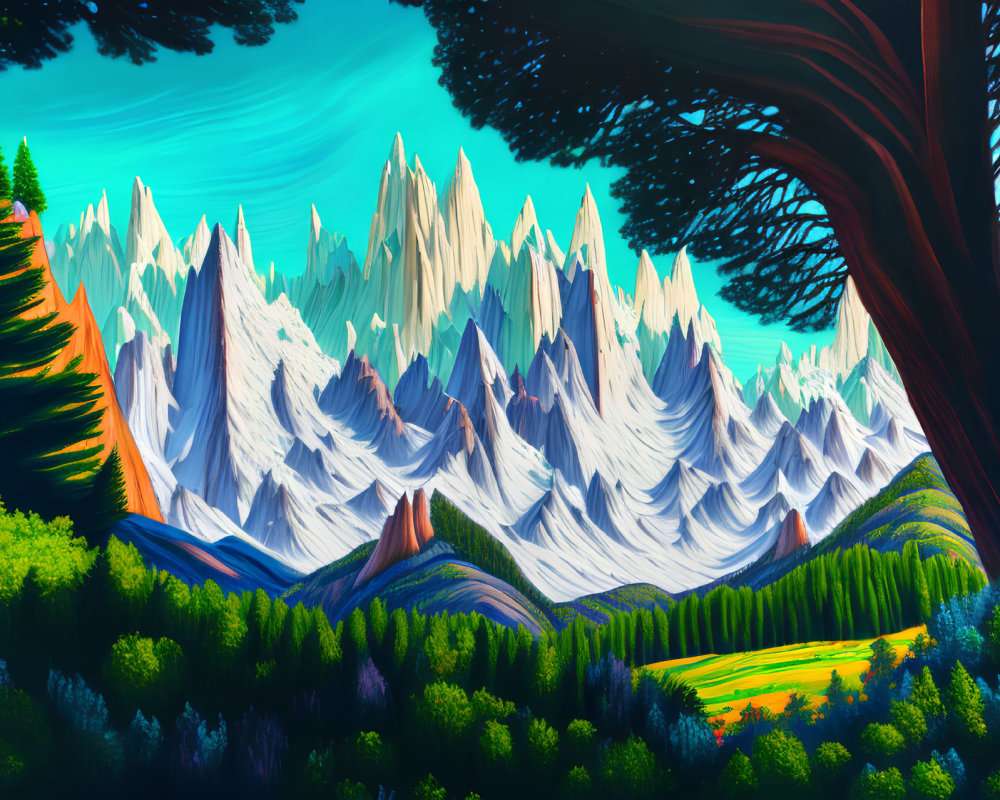 Colorful landscape with sharp-peaked mountains, lush forest, and blue sky