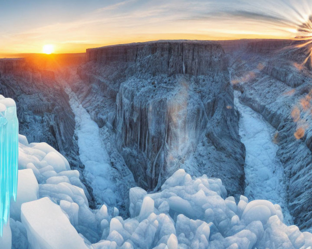 Frozen canyon sunrise with icicles and starburst effect.