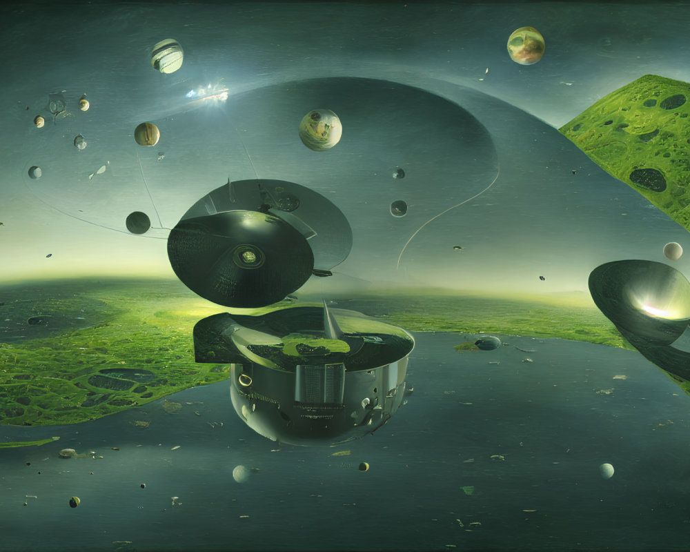 Surreal landscape with planets, spacecraft, and green terrain