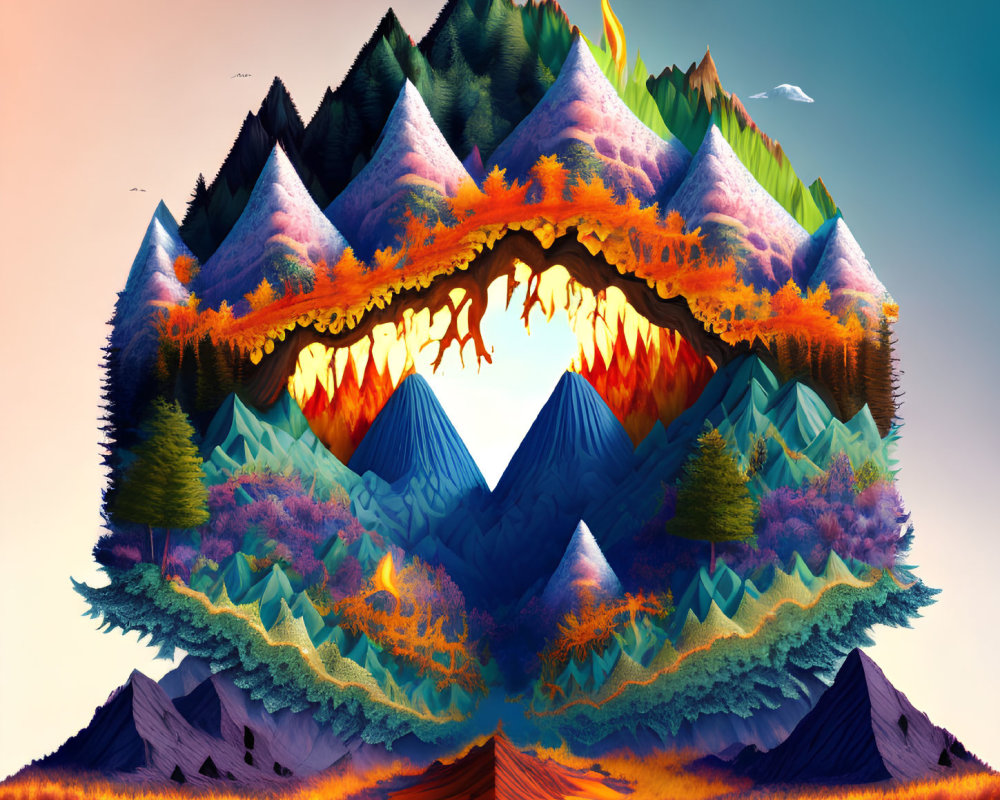 Surreal landscape with mirrored mountain ranges: one fiery with dragon silhouette, the other serene with foliage