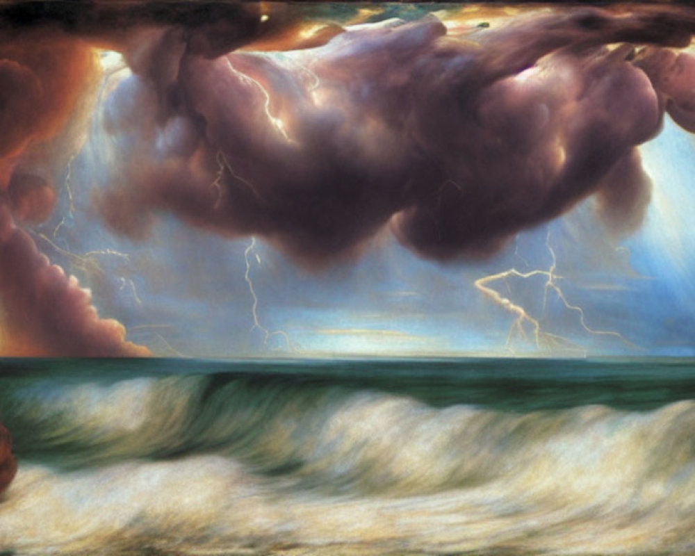 Dark storm clouds, lightning strikes, and turbulent ocean waves in dramatic seascape.