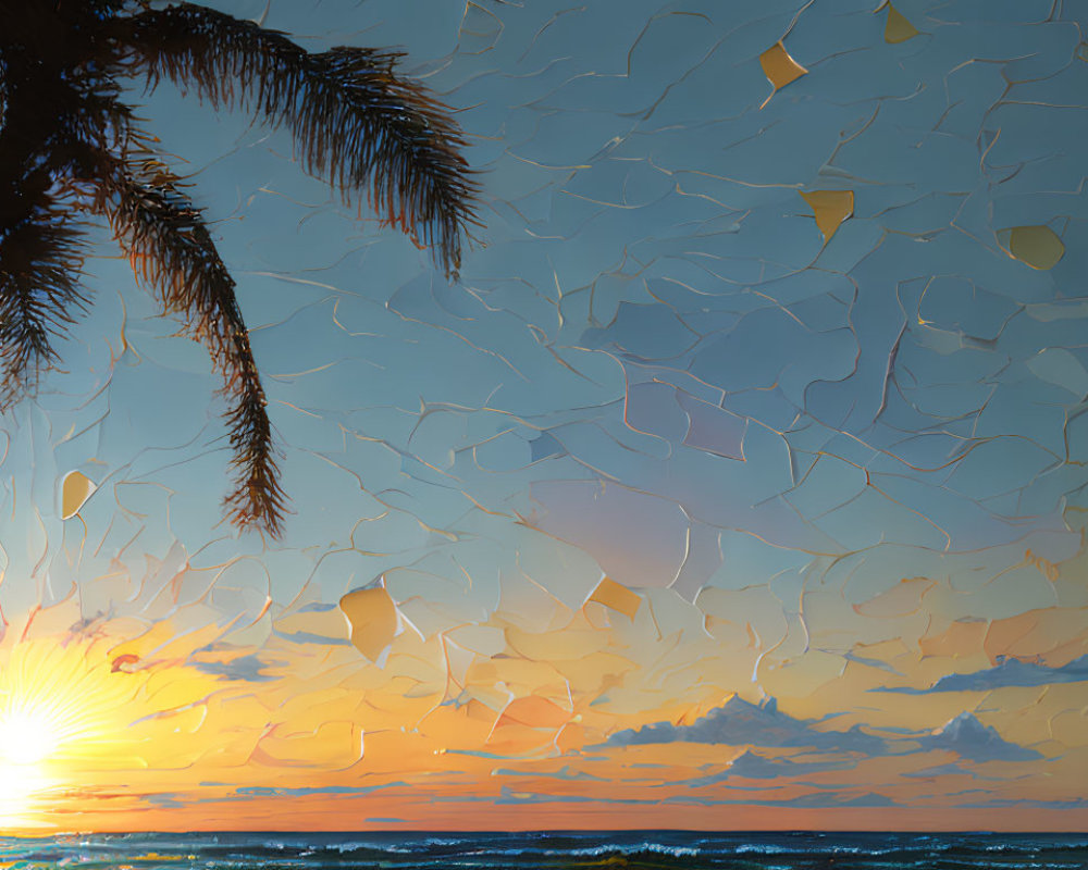 Vibrant sunset by the sea with palm trees and geometric sky.