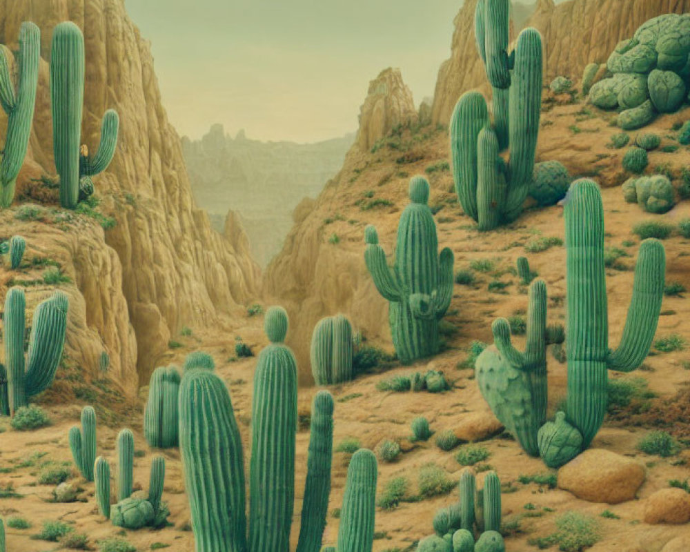 Desert Landscape with Tall Saguaro Cacti and Arid Terrain