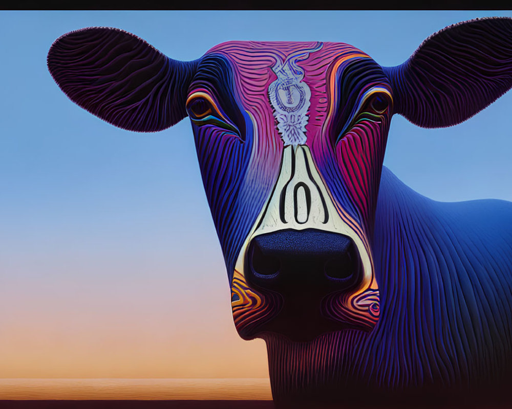 Colorful Stylized Cow Sculpture with Intricate Patterns on Sunset Sky Gradient