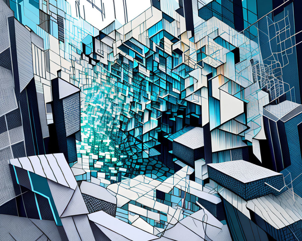 Blue and White Geometric Cubes in Abstract Digital Art