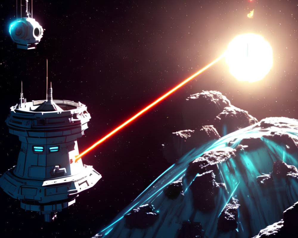 Sci-fi space station orbiting icy planet with red laser beam in galaxy