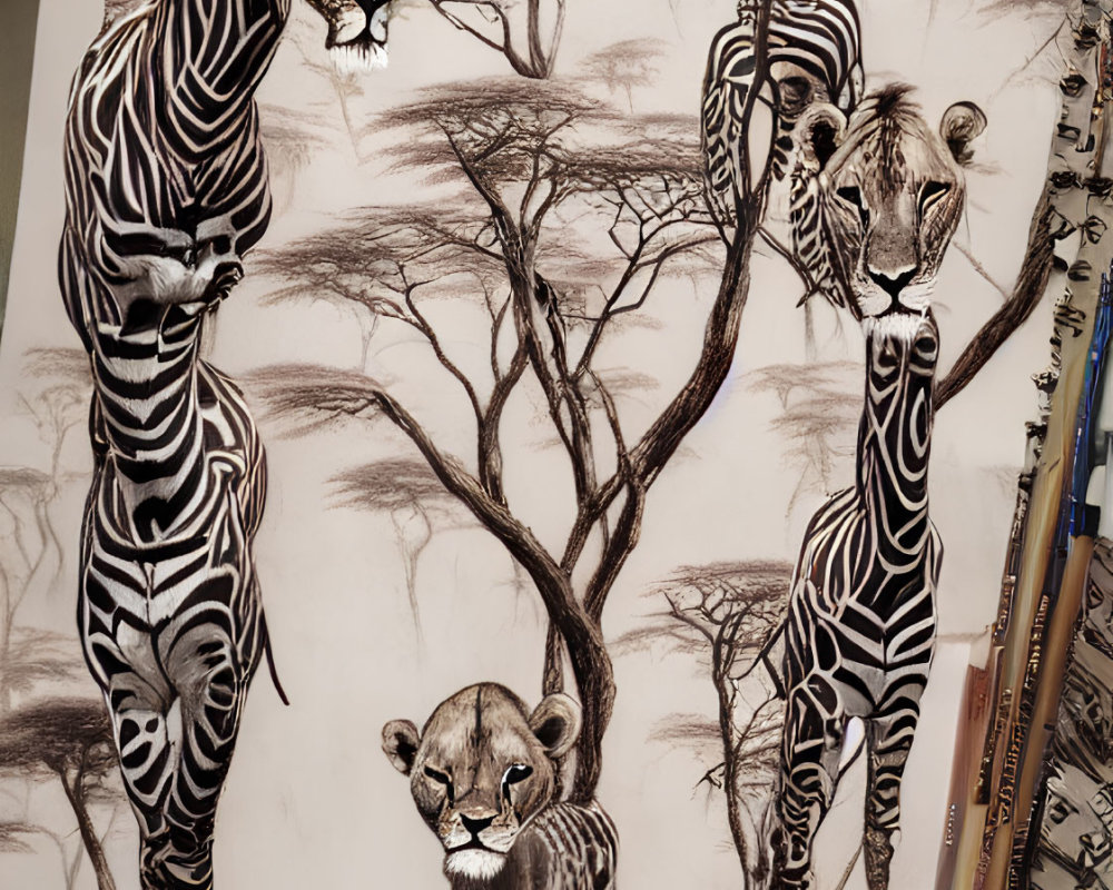 Detailed pencil drawing of three zebras in African savanna setting.