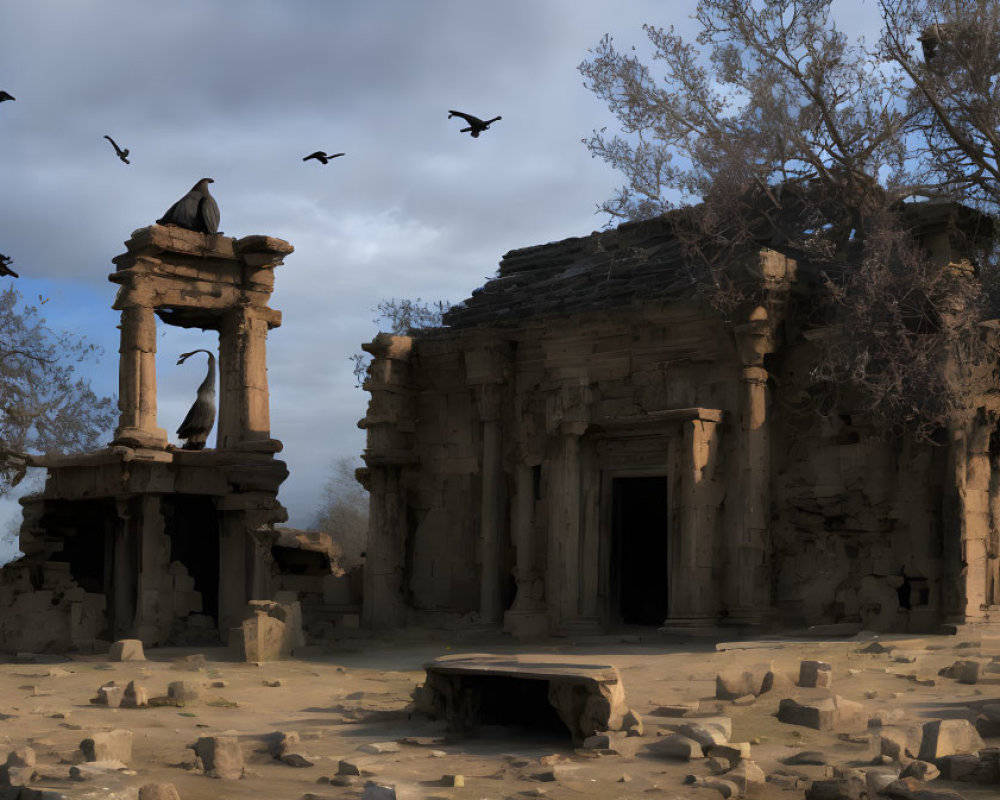 Dramatic Sky Over Ancient Ruins with Birds and Debris