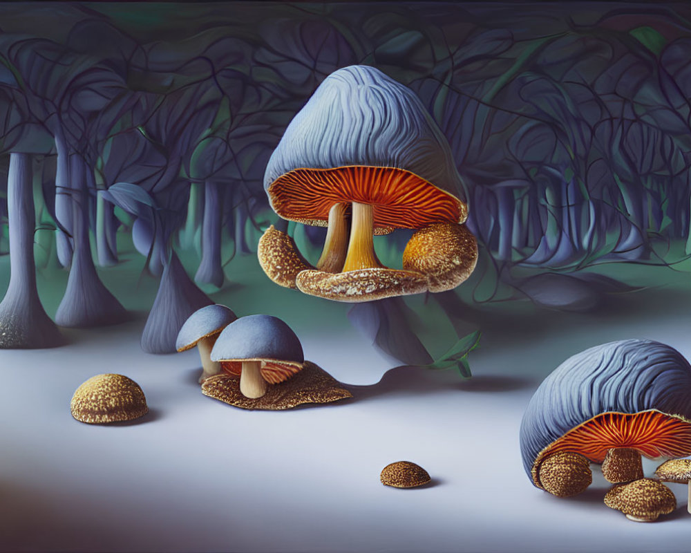 Vibrant blue and orange oversized mushrooms in surreal forest landscape