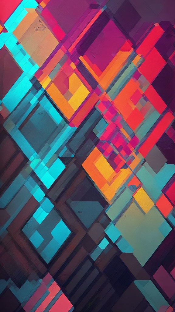 Colorful Abstract Art with Overlapping Geometric Shapes in Blue, Pink, Orange & Yellow