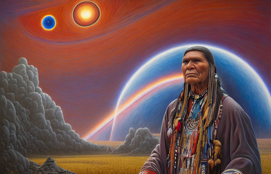 Native American man in surreal landscape with colorful sky and celestial arc