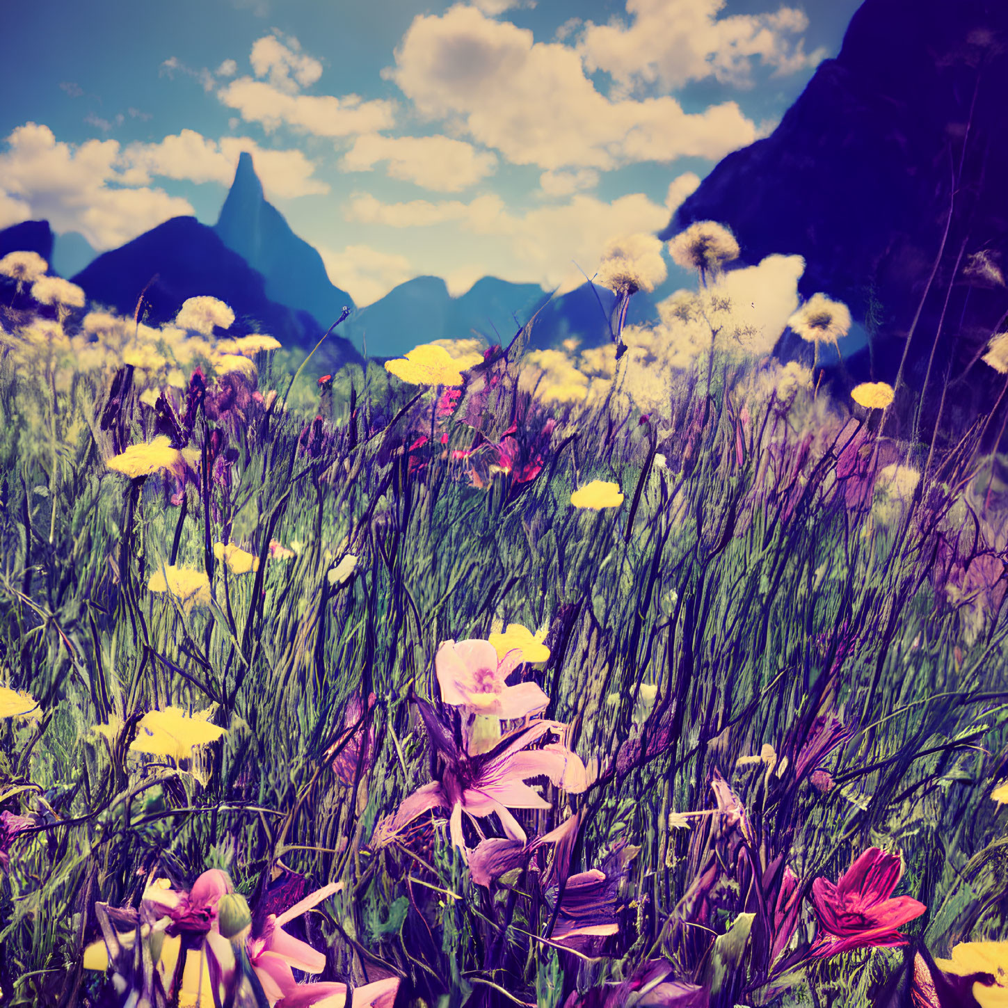 Vibrant wildflowers and majestic mountains under blue sky