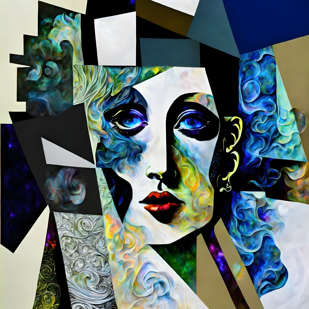 Vibrant Abstract Portrait of Woman with Swirling Patterns