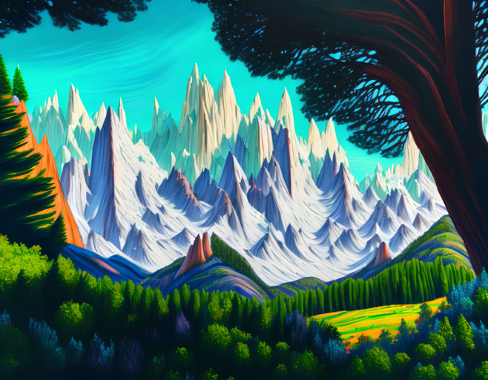 Colorful landscape with sharp-peaked mountains, lush forest, and blue sky